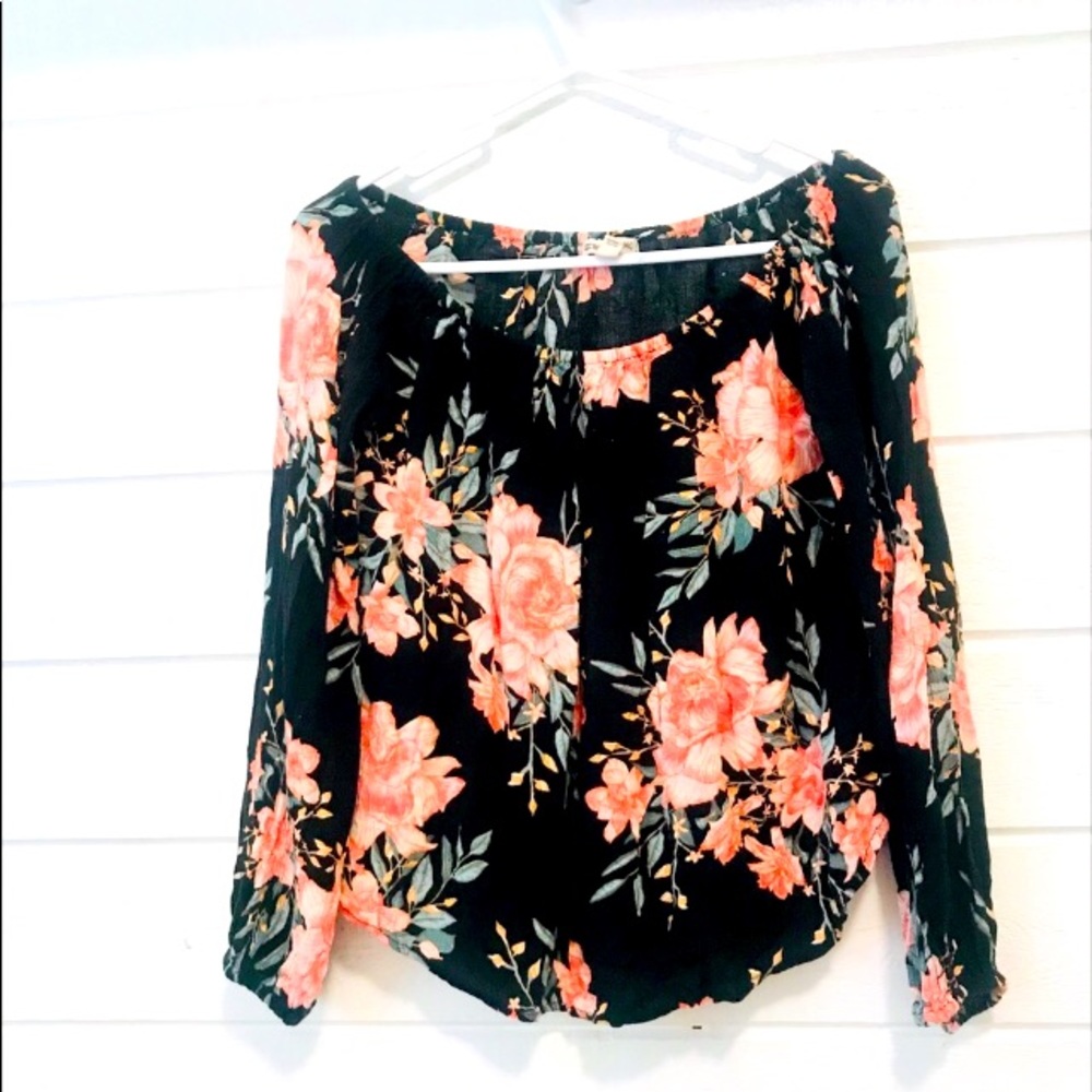 Billabong Black Floral Balloon Sleeve Top